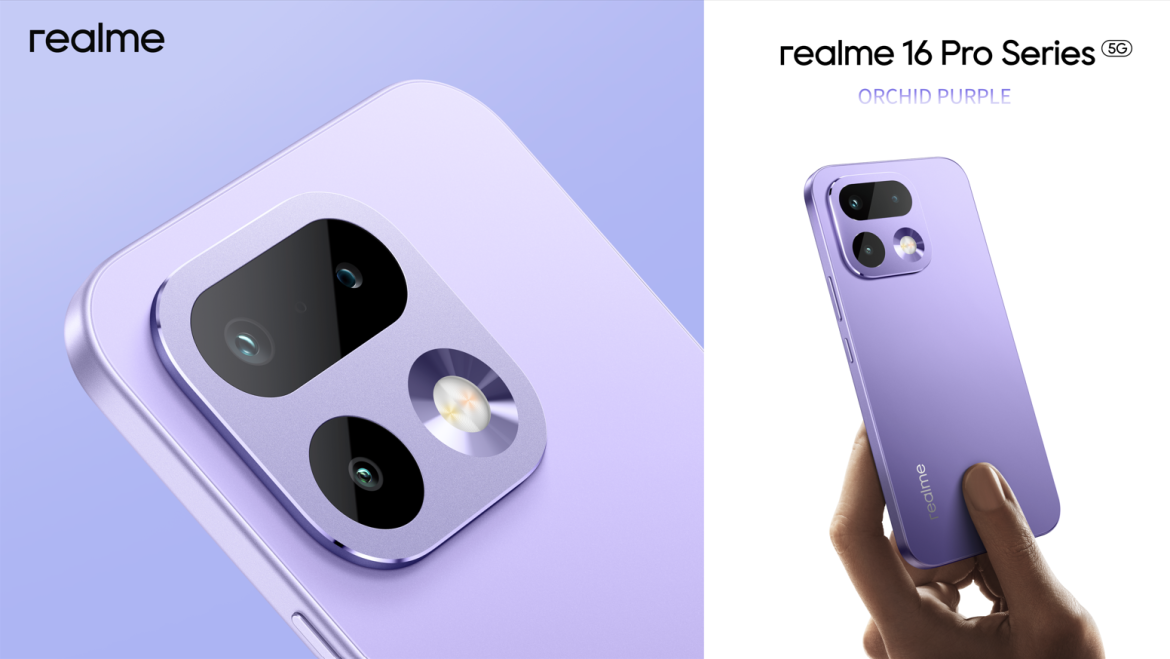Visuel publicitaire du realme 16 Pro débarquant en France en version Orchid Purple, montrant un gros plan du module caméra et l'appareil tenu en main.