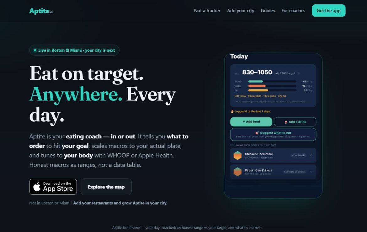 Capture d'écran de la page d'accueil d'Aptite.ai, un coach en nutrition IA, présentant l'interface de l'application mobile et le texte d'accroche « Eat on target. Anywhere. Every day. ».
