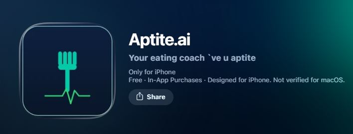 Logo et fiche de présentation de l'application Aptite pour le suivi nutritionnel sur iPhone.