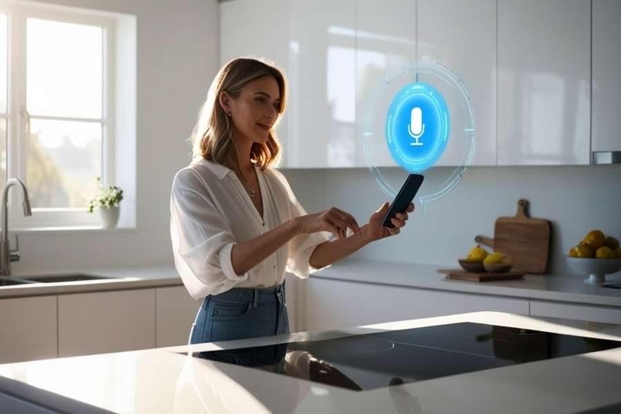Une femme utilise un smartphone dans une cuisine moderne, avec une interface d'assistants vocaux holographique et lumineuse projetée en l'air.
